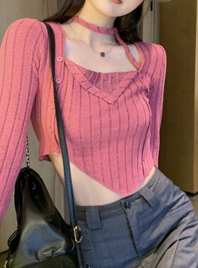 秋季新款韩国y2k小众辣妹长袖针织衫玫红色T恤女纯欲风短款黑上衣