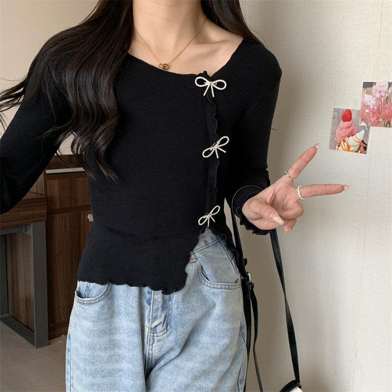 韩式温柔风蝴蝶结木耳边长袖针织衫女黑色修身显瘦短款打底衫上衣