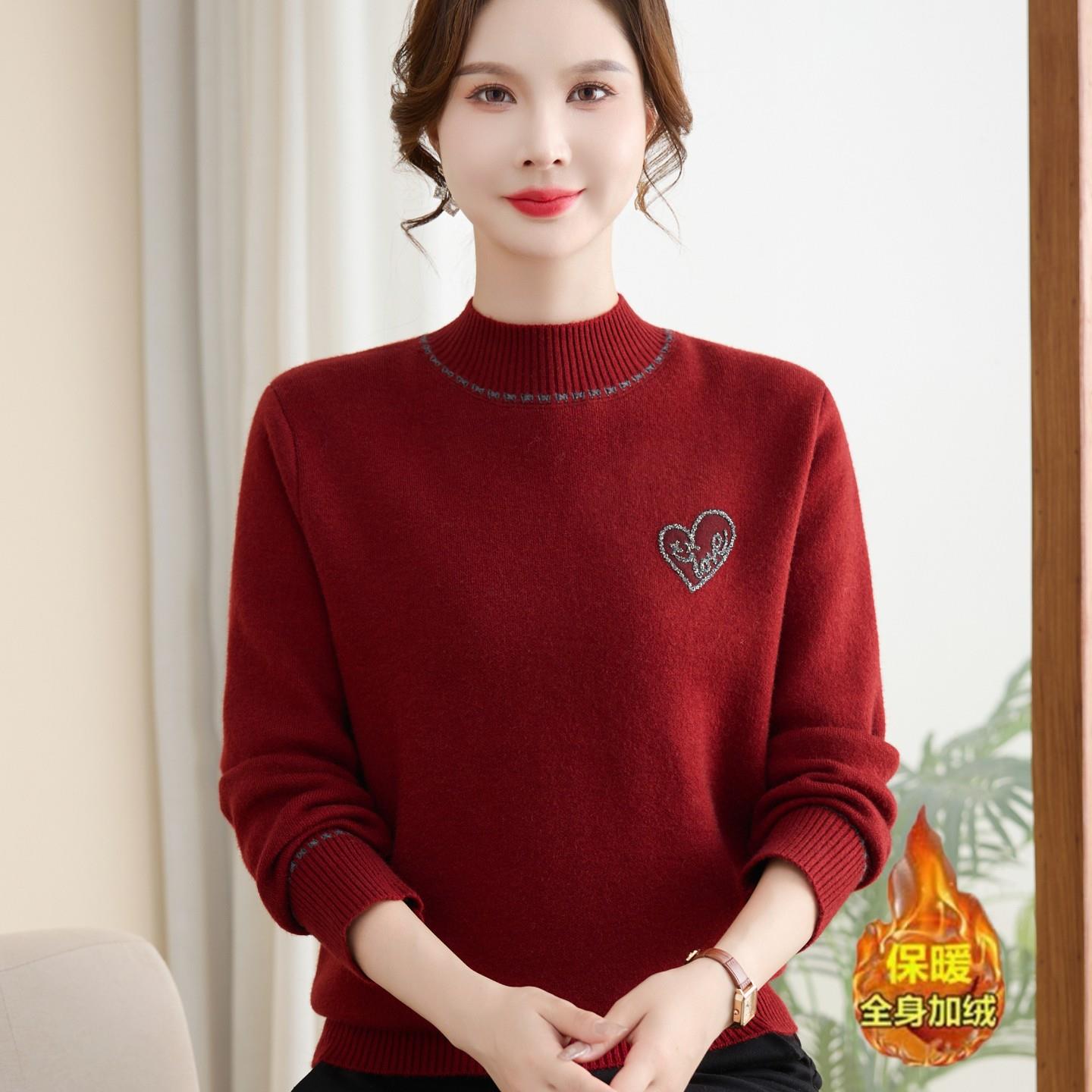 秋冬妈妈装加绒加厚保暖针织衫中老年女半高领毛衣洋气保暖打底衫