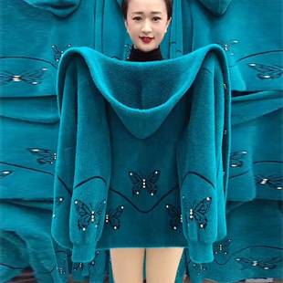 水貂绒春季新款女妈妈短款外套秋冬中老年人针织开衫连帽宽松上衣