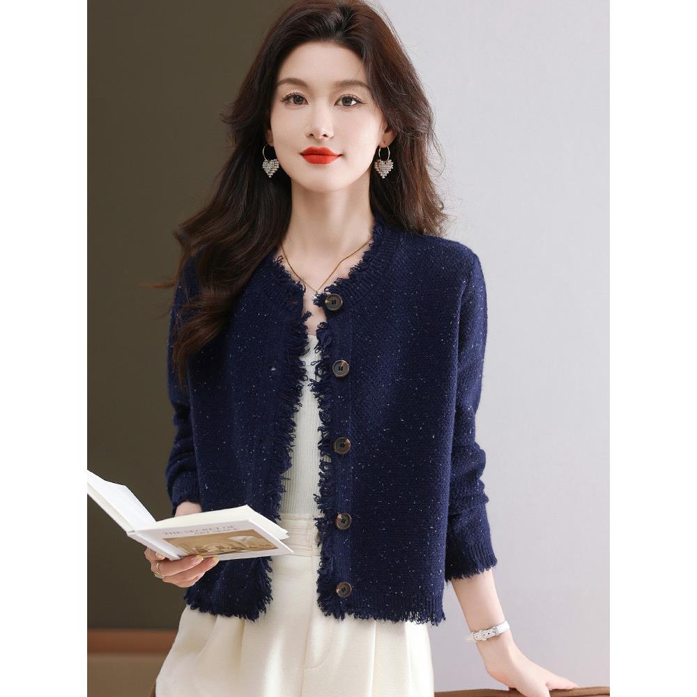 小香风针织开衫女短款2025新款外穿羊毛衫上衣小个子流苏毛衣外套