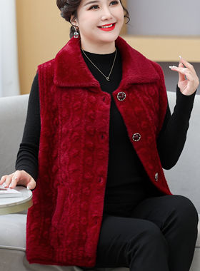 冬中老年女仿水貂绒开衫马甲加厚保暖妈妈装翻领背心洋气上衣外套