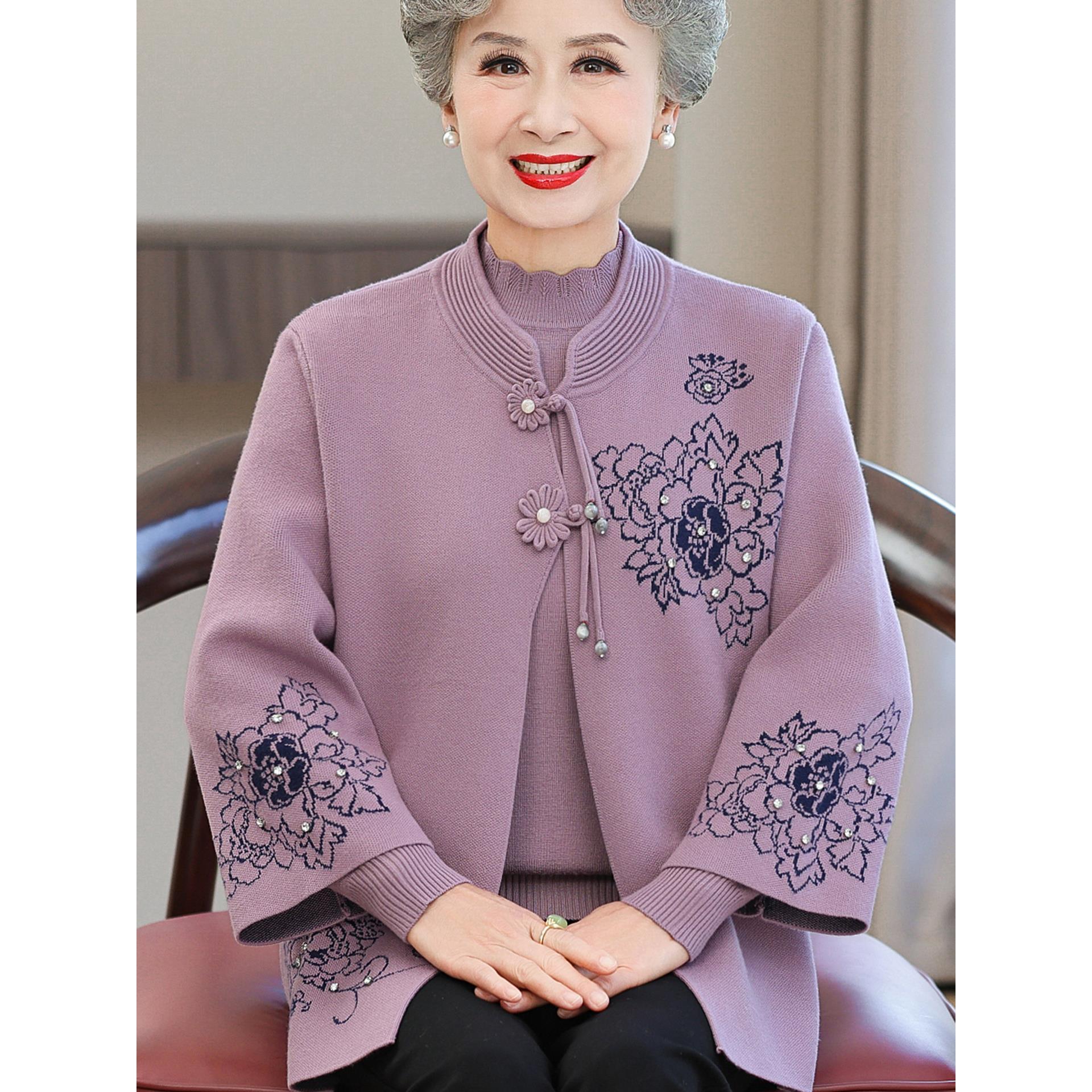 中老年人春秋装女外套毛衣开衫奶奶秋冬套装气质妈妈加大码打底衫