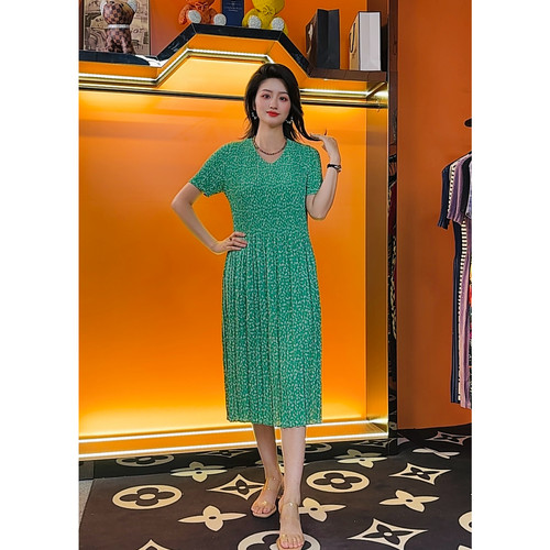[932]名媛夏季贵妇优雅大码女装连衣裙显瘦透气时尚气质百褶裙