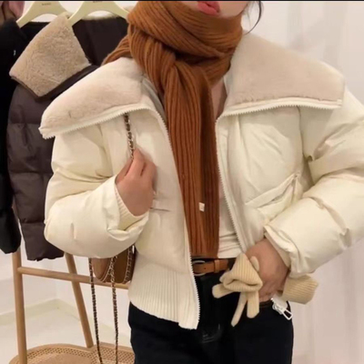 羊羔毛大翻领针织拼接羽绒棉服女冬季束腰收腹加厚保暖短上衣外套