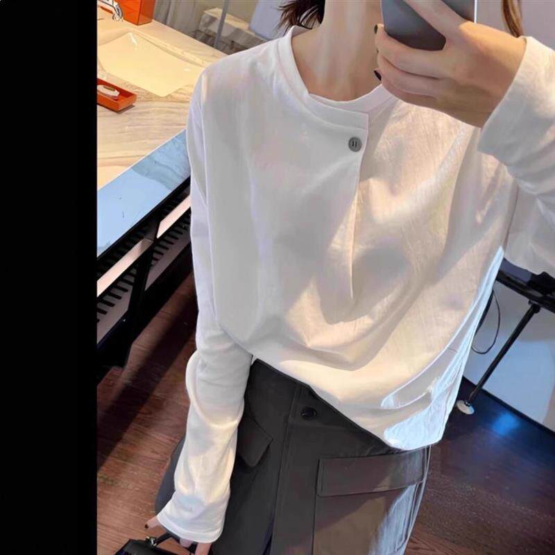 纯棉正肩白色长袖t恤女2026春秋季宽松百搭慵懒打底衫大码上衣女