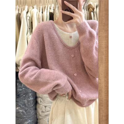 设计感假两件粉色针织衫女秋季日系甜美慵懒风内搭毛衣高级感上衣