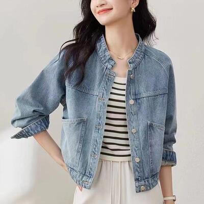 短款牛仔外套女士2025春季新款高级感小个子洋派立领休闲 宽松上