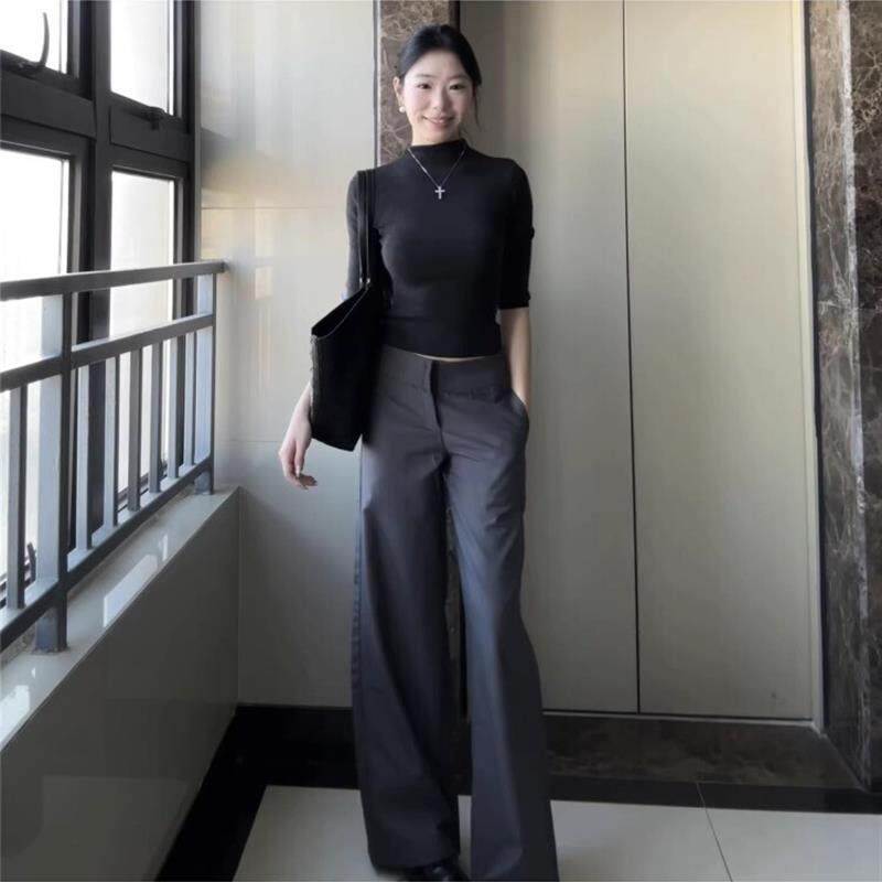 灰色阔腿西装裤女2026春季高腰显瘦宽松垂感设计感小个子休闲裤子