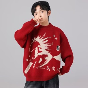 小中大童红色冬装 亲子款 本命年针织衫 冬季 线衣潮 秋冬加厚毛衣新款