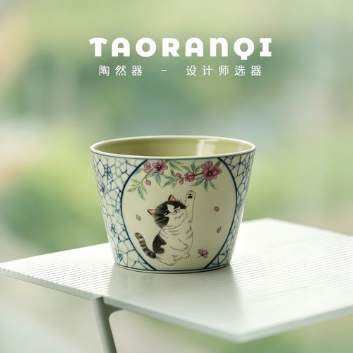 景德镇青花瓷高档咖啡杯手绘可爱猫咪斗彩水杯精致高级陶瓷马克杯