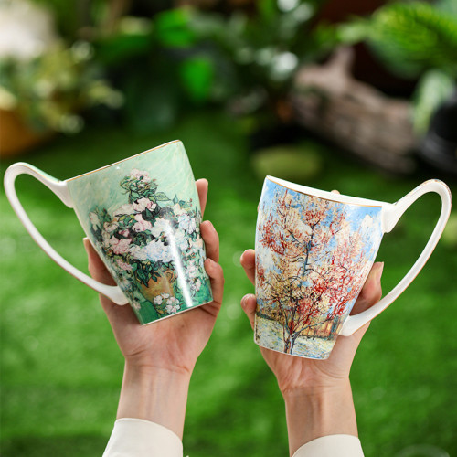 家用莫奈油画梵高情侣杯骨瓷简约