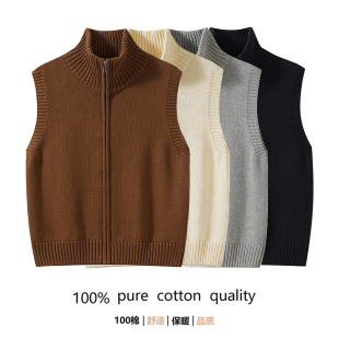 100%纯棉针织马甲加厚宽松百搭背心女立领翻领拉链叠穿无袖针织衫