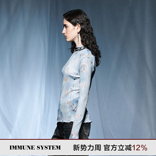 珍珠不规则印花褶皱网纱长袖 蓝色海洋 system免疫系统 immune