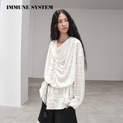 immune system 镂空提花拼接抽褶设计长袖上衣