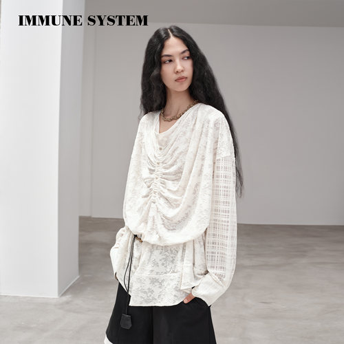immune system 镂空提花拼接抽褶设计长袖上衣