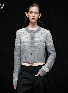 immune system免疫系统 复古绒绒费尔岛花纹垫肩短款针织开衫毛衣