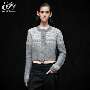 immune system免疫系统 复古绒绒费尔岛花纹垫肩短款针织开衫毛衣