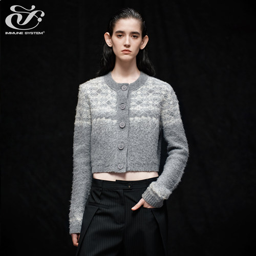 immune system免疫系统 复古绒绒费尔岛花纹垫肩短款针织开衫毛衣