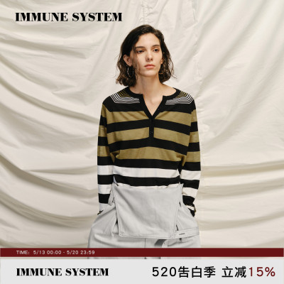 immune system 条纹艺术 亨利领松弛感天丝条纹拼接针织衫长袖