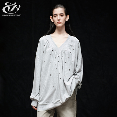 immune system免疫系统 v领休闲宽松钉珠V领上衣长袖