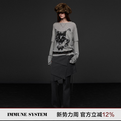 immune system免疫系统 羊毛舒适假两件猫咪印花长袖
