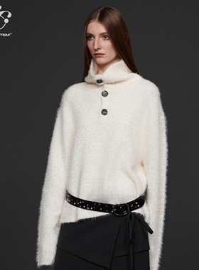 immune system 大翻领钮扣宽松慵懒感白毛衣