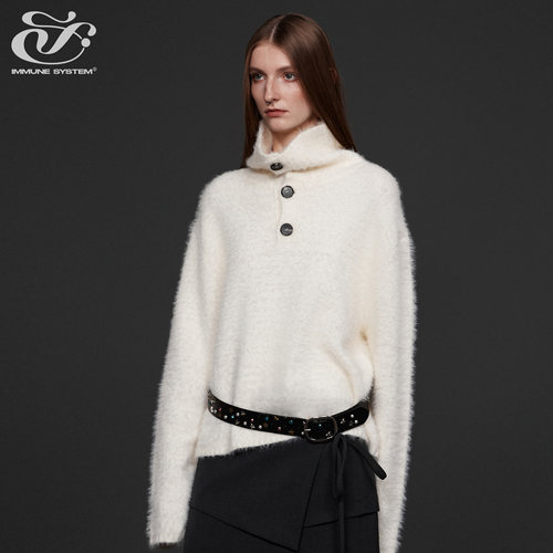 immune system 大翻领钮扣宽松慵懒感白毛衣