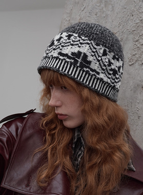 immune system 深灰色复古提花针织帽羊毛毛线帽