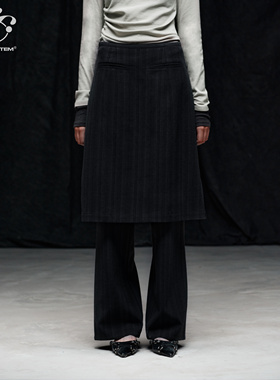 immune system免疫系统  叠穿设计竖条纹假两件遮胯微喇裤裙长裤
