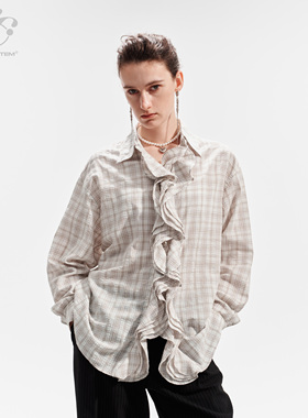 immune system 泡泡纱花瓣领巾粉白格纹衬衫