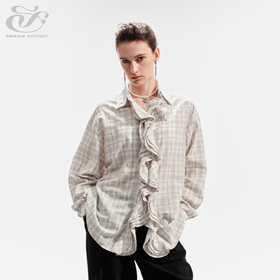 immune system 泡泡纱花瓣领巾粉白格纹衬衫