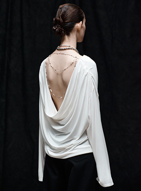 immune system免疫系统 软糯兰精天丝露背荡领珠链长袖罩衫上衣