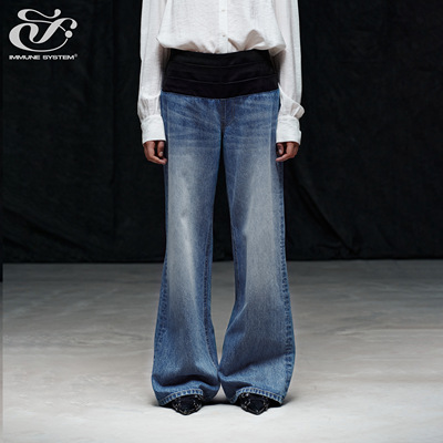 immune system免疫系统  拼接腰头撞色阔腿宽松磨白牛仔裤长裤