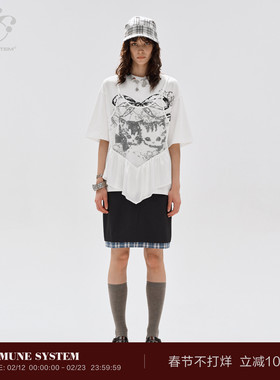 immune system 猫咪印花贴蕾丝假两件T恤短袖宽松