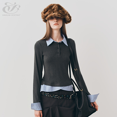 immune system免疫系统 假两件拼接长袖格纹上衣