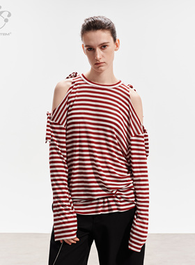 immune system 绑带露肩红白条纹宽松长袖