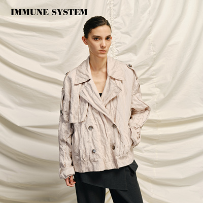 immune system 随性纸片人皱皱风衣粉调皱感肌理收腰系带短外套