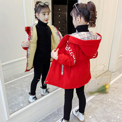 女童外套秋冬款2024新款中长款儿童派克服冬季女孩加绒加厚冲锋衣