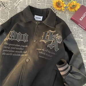 1016-BW50-P118  美式潮牌棒球服皮袖拼接刺绣落肩夹克单排扣外套图片