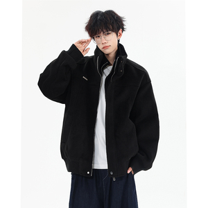 1016-W08-P110美式假两件毛呢外套夹棉夹克韩版宽松棉服图片