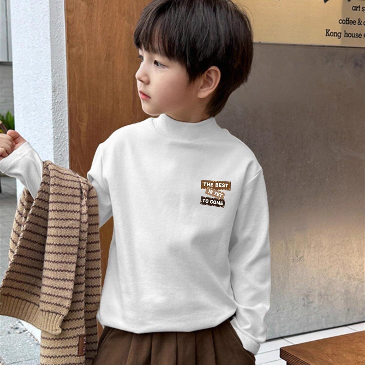 儿童打底衫半高领男童中大童内搭白色秋冬款加绒加厚德绒保暖t恤