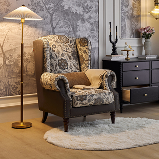 巢趣美式 复古老虎椅单人客厅沙发布艺实木沙发卧室单椅休闲沙发椅