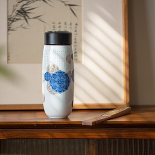 景德镇智能温度显示实用车载易携带喝水杯玲珑青花富贵祥和