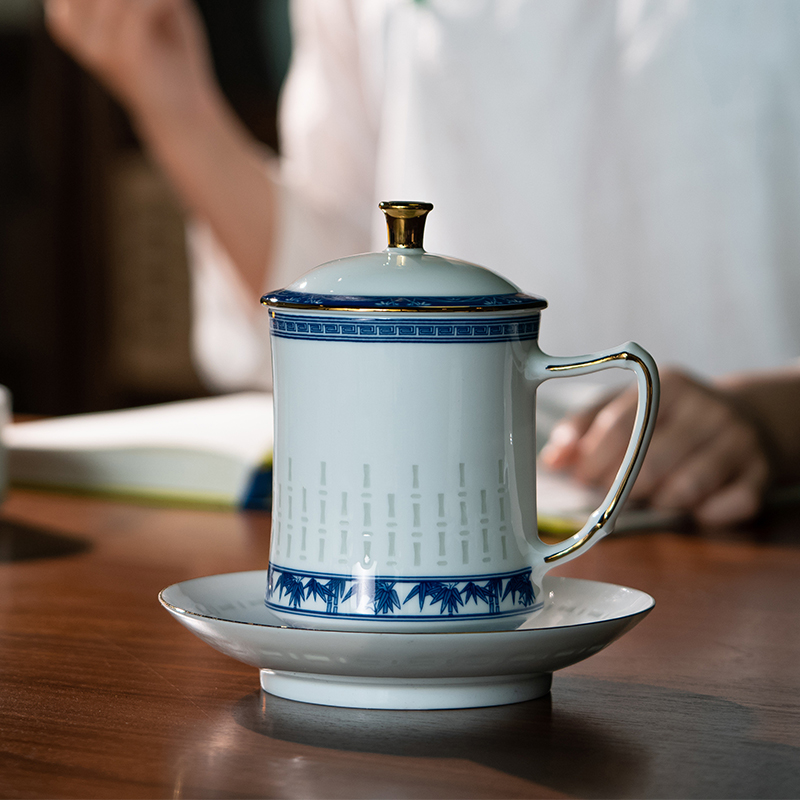 竹月办公杯玉柏玲珑瓷办公杯碟