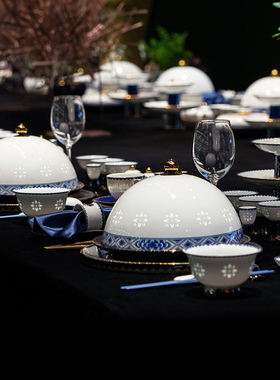 玉柏高端酒店摆台1人位餐具套装高档私人会所包厢景德镇青花玲珑