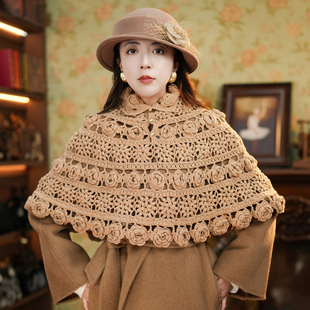 花蔻纯手工钩花高领保暖外穿披肩 秋冬季韩版森系外套斗篷上衣ins