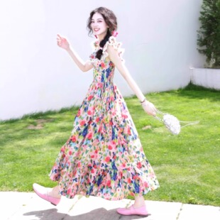 露肩海边度假 淑服原创 茶歇法式 油画碎花小飞袖 a字连衣裙女夏季