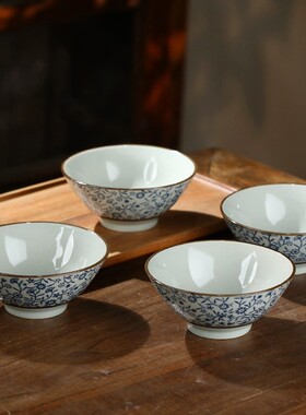 复古釉下彩斗笠碗日式釉下彩5英寸陶瓷米饭碗高脚碗家用加厚防烫