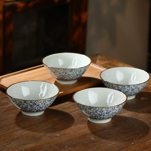 复古釉下彩斗笠碗日式釉下彩5英寸陶瓷米饭碗高脚碗家用加厚防烫